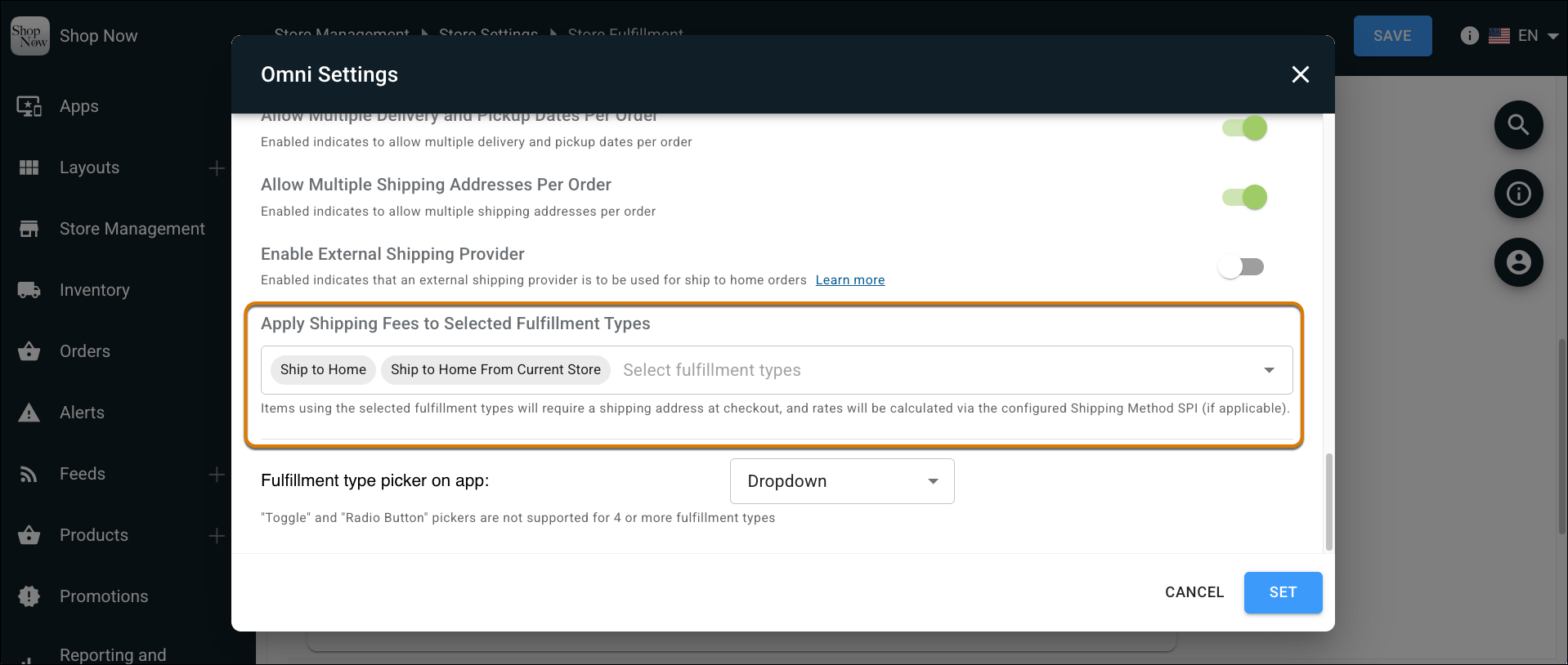 Apply Shipping Fees to Selected Fulfillment Types field in Point of Sale CMS.