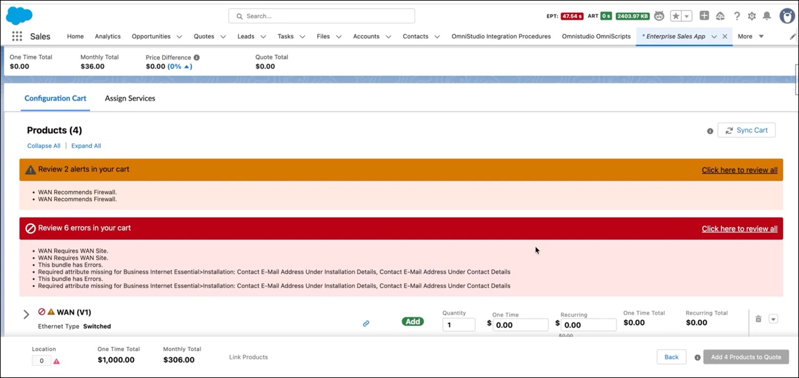 View cart errors and alerts.