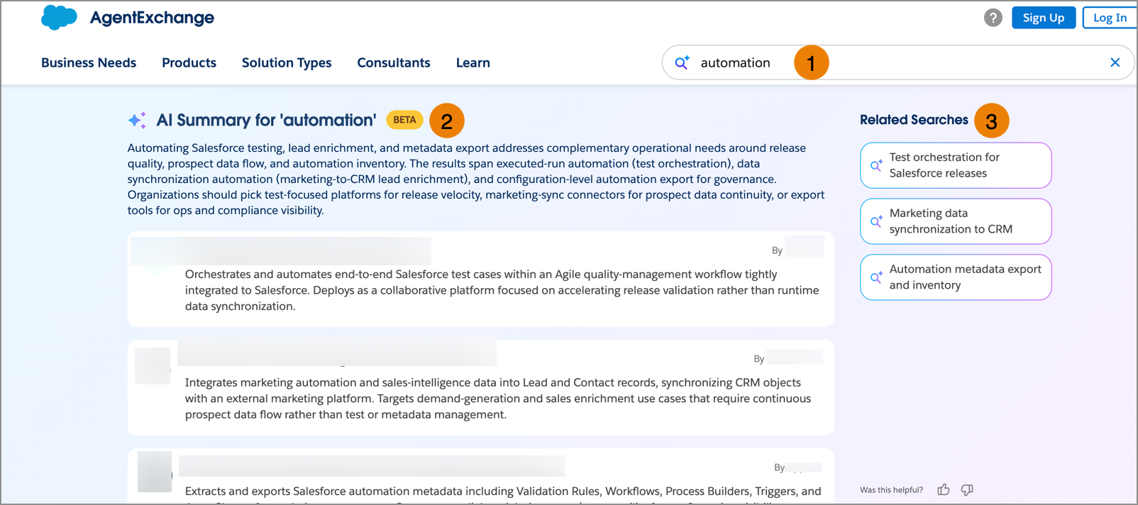 AgentExchange search results highlighting the AI-generated summary of matching apps and the Related Searches sidebar.