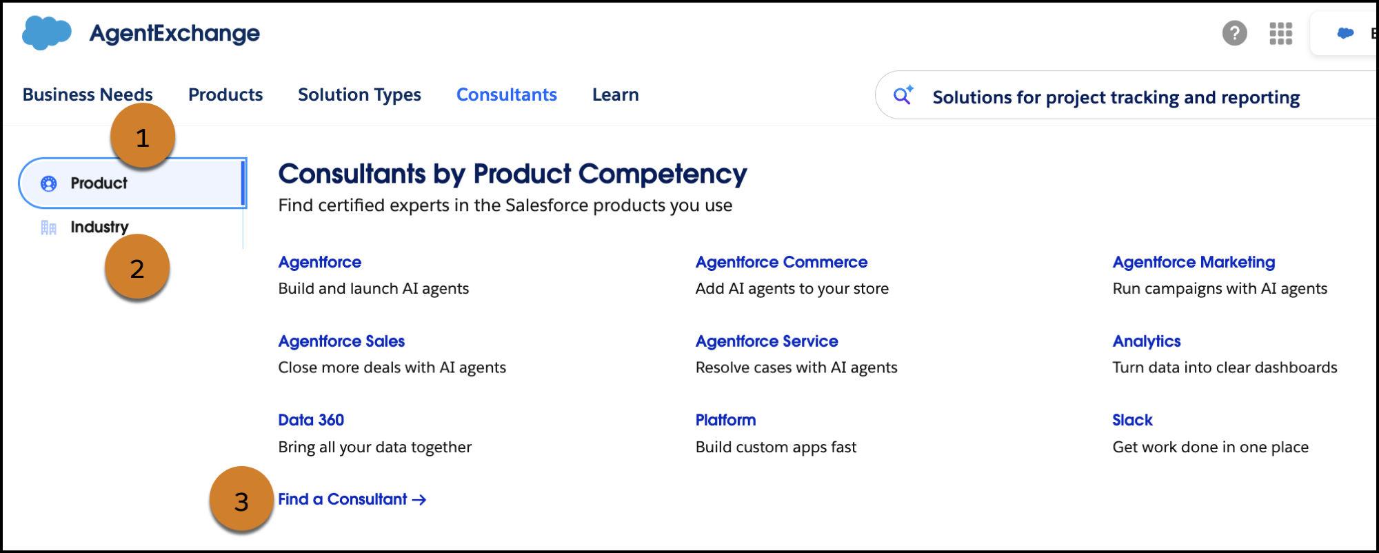 AgentExchange menu with numbered callouts for Product (1), Industry (2), and Find a Consultant (3).