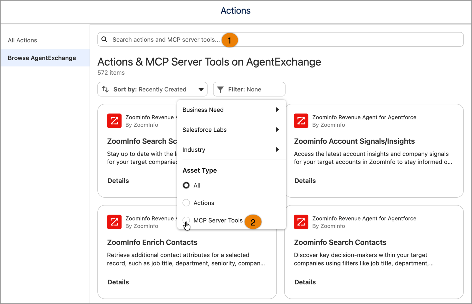 Actions & MCP Server Tools modal on AgentExchange, showing the search bar and Filter menu with Asset Type options (All, Actions, MCP Server Tools).