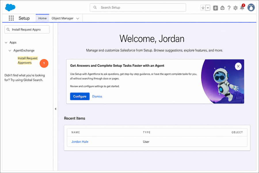 Setup navigation with Install Request Approvers called out as step 1 under the AgentExchange section
