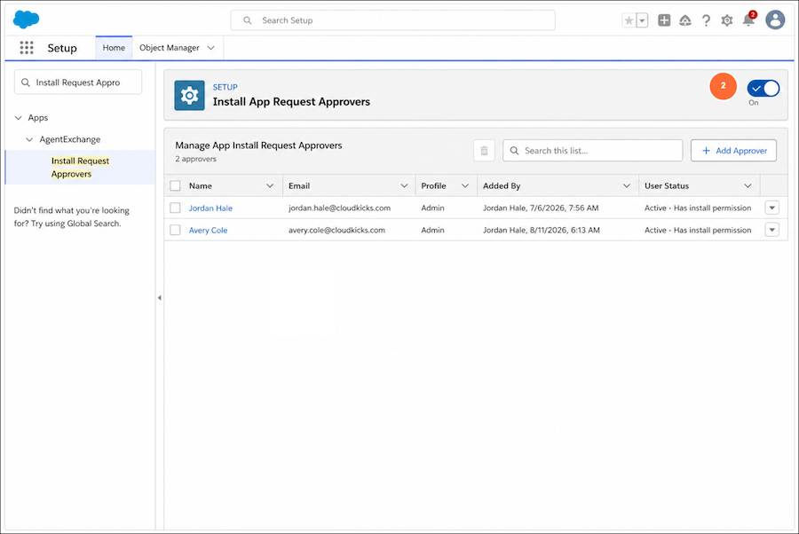 Manage App Install Request Approvers page with the feature toggle called out as step 2