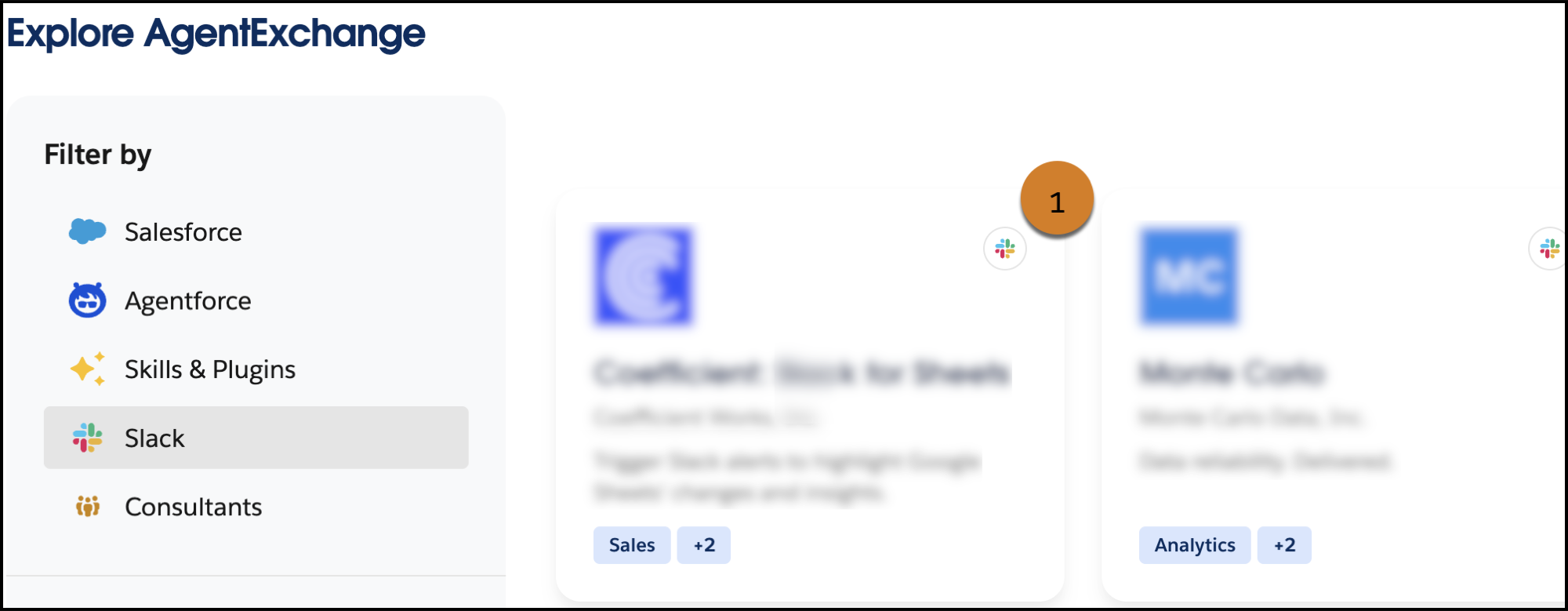 Explore AgentExchange page with a Slack badge highlighted in the top right corner of a listing card (1).
