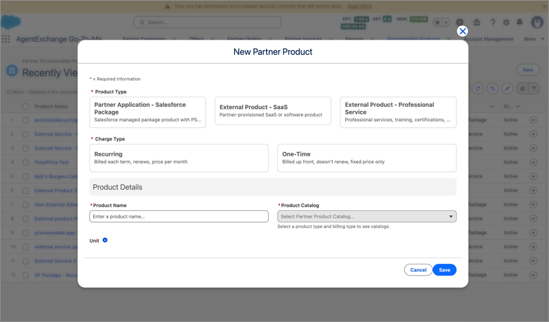 New Partner Product dialog with External Product - SaaS and External Product - Professional Service as Product Type options for selling partner-delivered software and services.