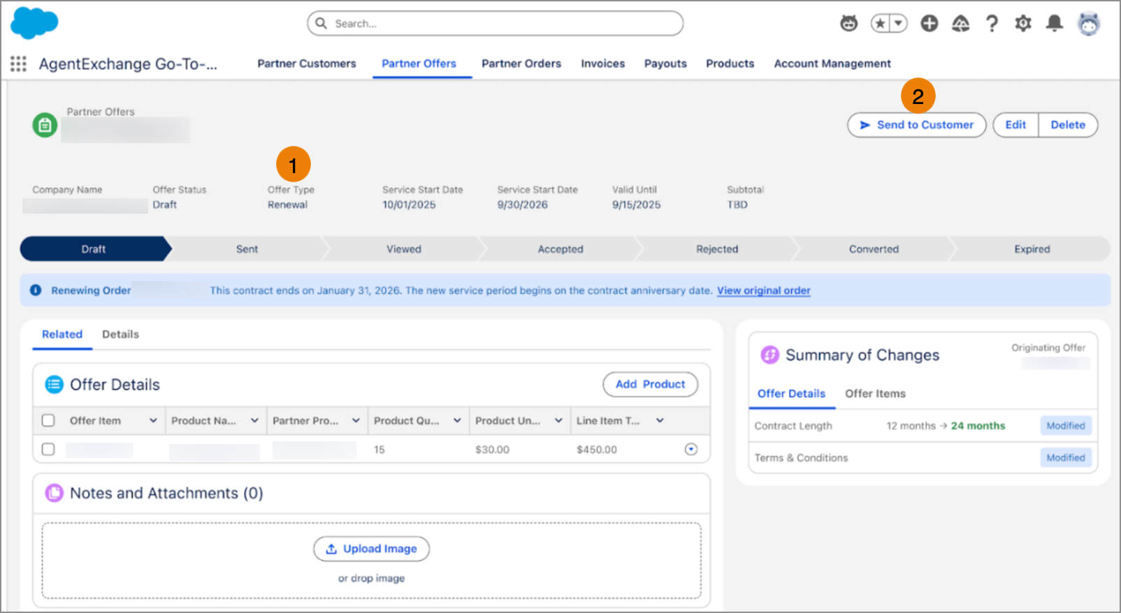 Renewal offer showing a 'Renewing Order' banner: contract ends Janury 31, 2026; new service period starts on the contract anniversary date.