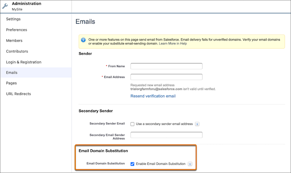 The email domain substitution section of the Emails configuration page