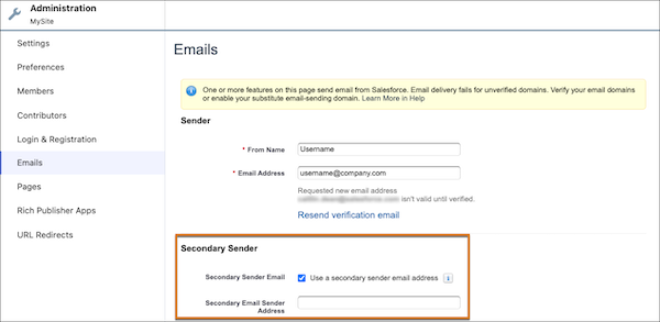 The secondary sender section of the Emails configuration page