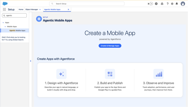 Agentic Mobile Apps in Salesforce Setup.