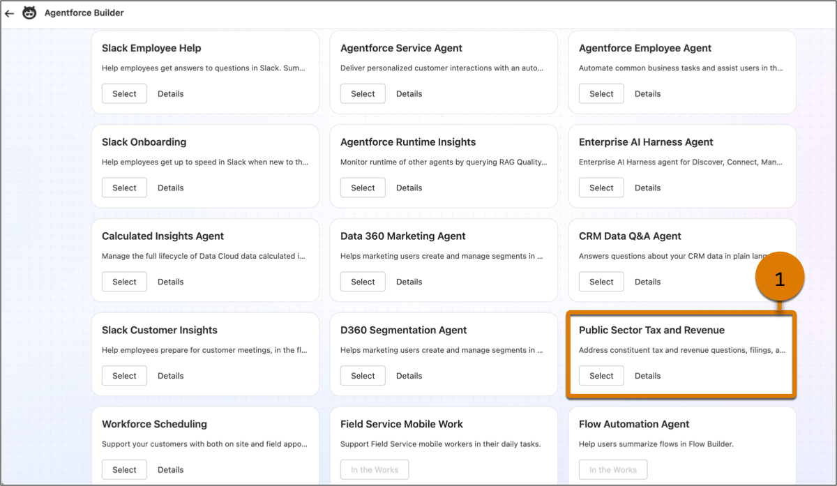 Agentforce Builder with various agent templates to select with Public Sector Tax and Revenue template highlighted.