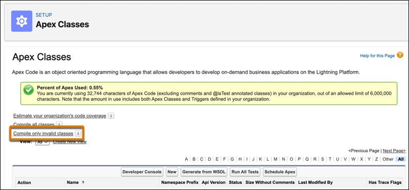The “Compile only invalid classes” button on the Apex Classes page in Setup