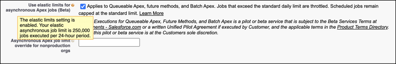 The “Use elastic limits for asynchronous Apex jobs (Beta)” setting on the Apex Settings page in Setup. The tooltip shows the elastic limit.