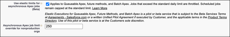 The “Asynchronous Apex job limit override for nonproduction orgs” setting on the Apex Settings page in Setup. The value is set to 250.