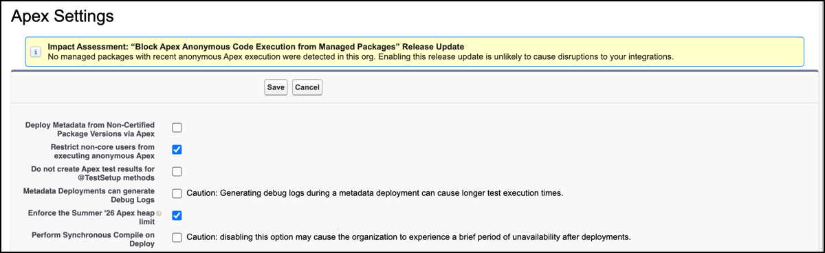 The “Enforce the Summer ’26 Apex heap limit” setting on the Apex Settings page in Setup.