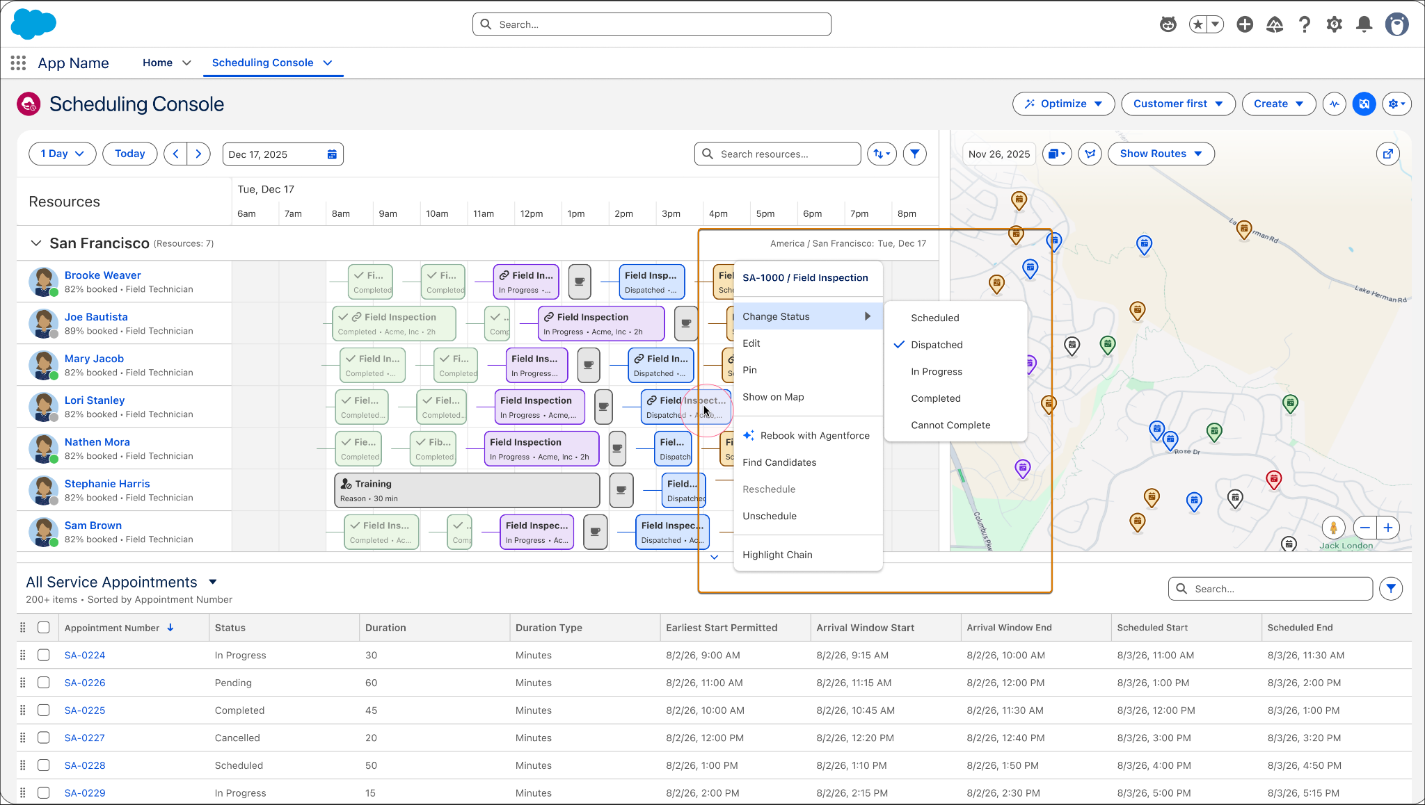 Right-click menu on a Gantt appointment showing Change Status, Edit, Pin, Show on Map, Rebook with Agentforce, Find Candidates, Reschedule, Unschedule, and Highlight Chain