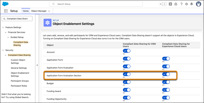 Object enablement settings with the Application Form Evaluation Section object highlighted.
