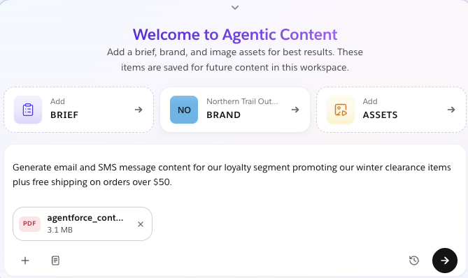 Prompt window for generating agentic content showing a brief, brand, and attachment