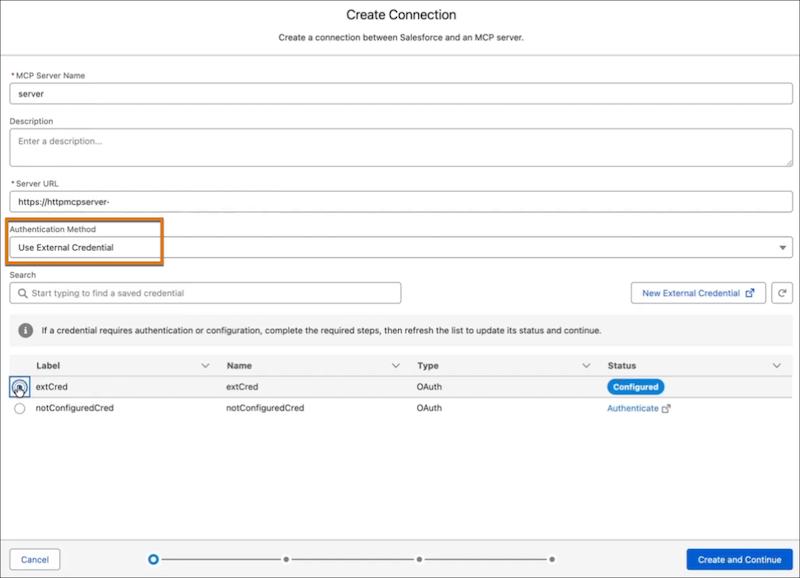 Select an external credential in the Configured state only.