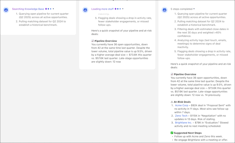 Streamed live reasoning updates.