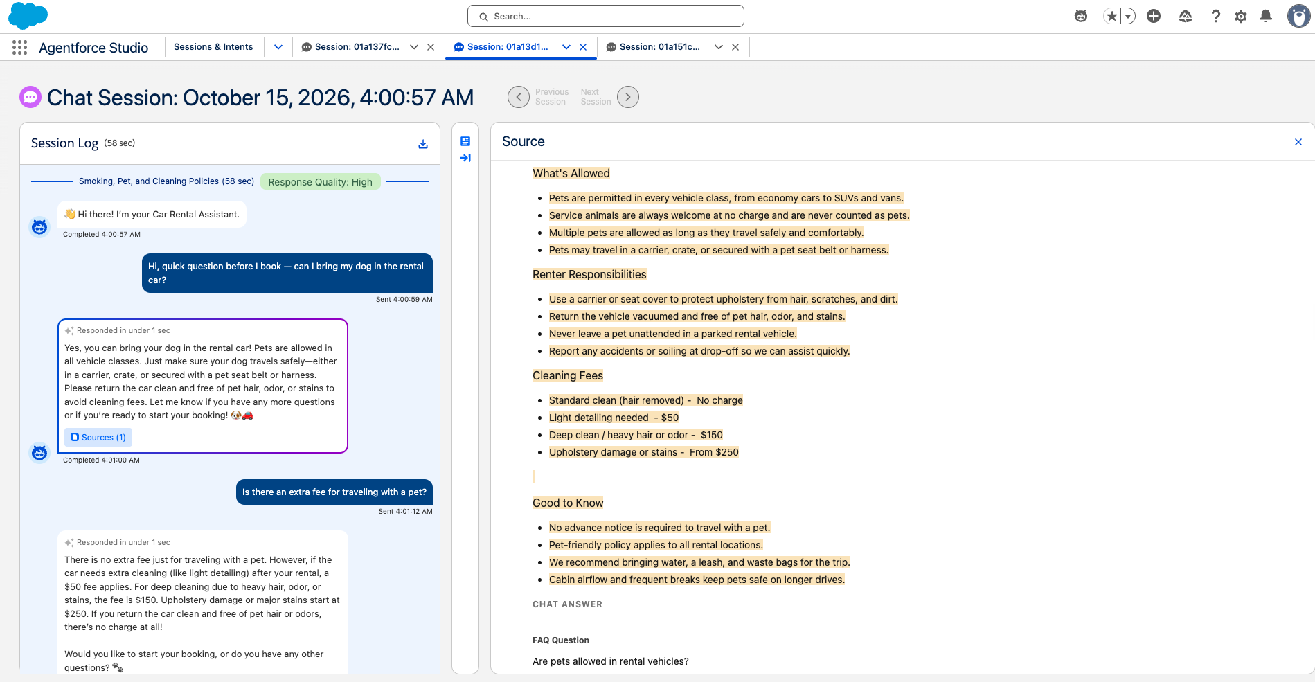 Chat session showing the Sources panel with the rental-policy knowledge source used for an agent response
