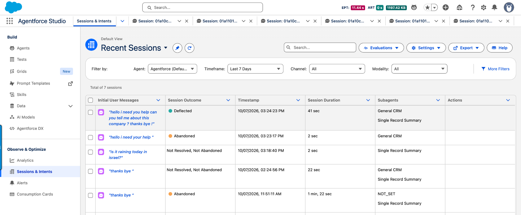 Sessions and Intents view showing the Recent Sessions saved view, filters, and the Evaluations, Settings, and Export controls