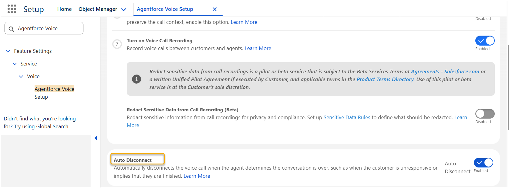 The Auto Disconnect setting in Agentforce Voice Setup.