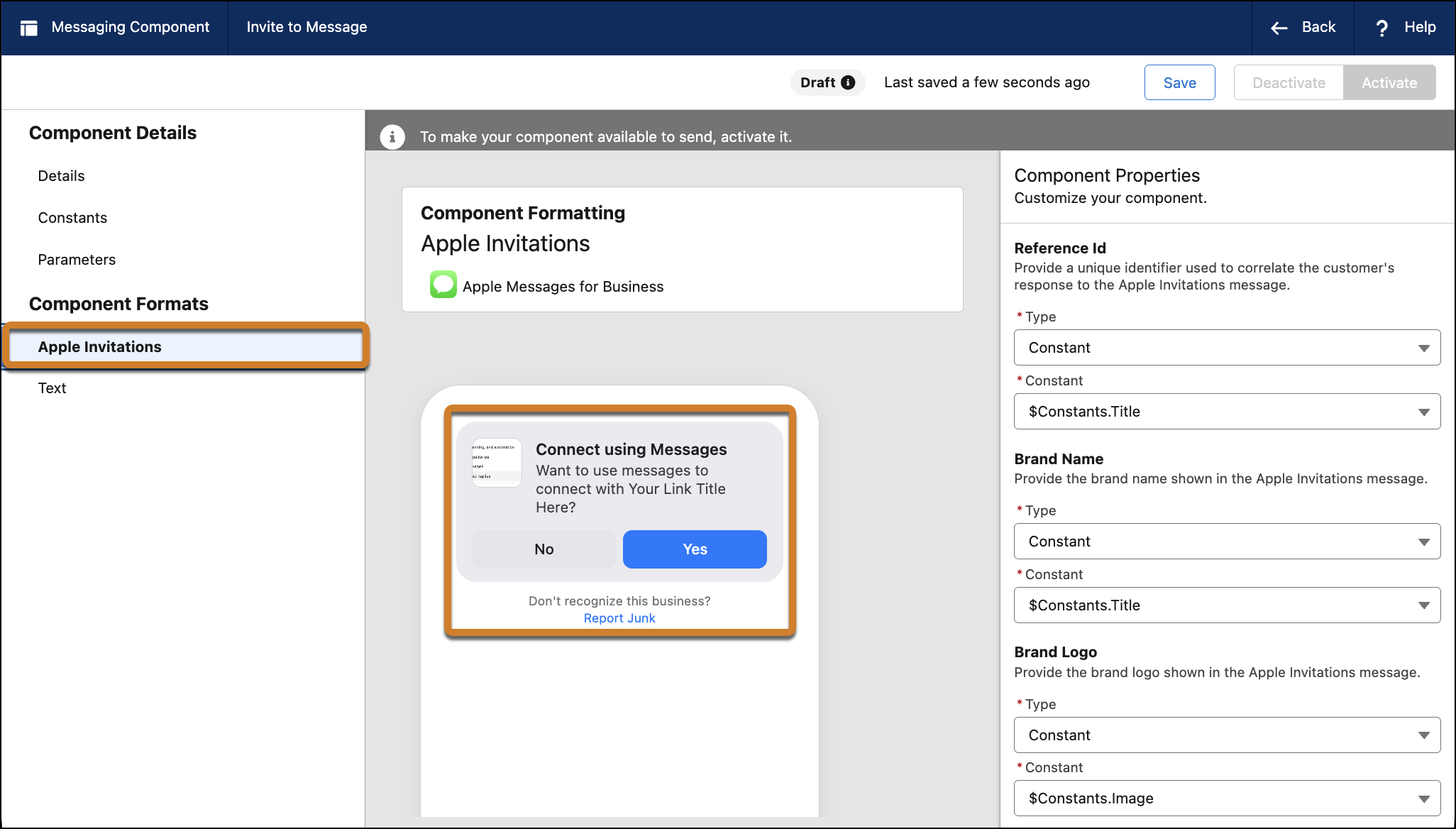 The component builder showing the Apple Invitations format selected for a Notification messaging component.