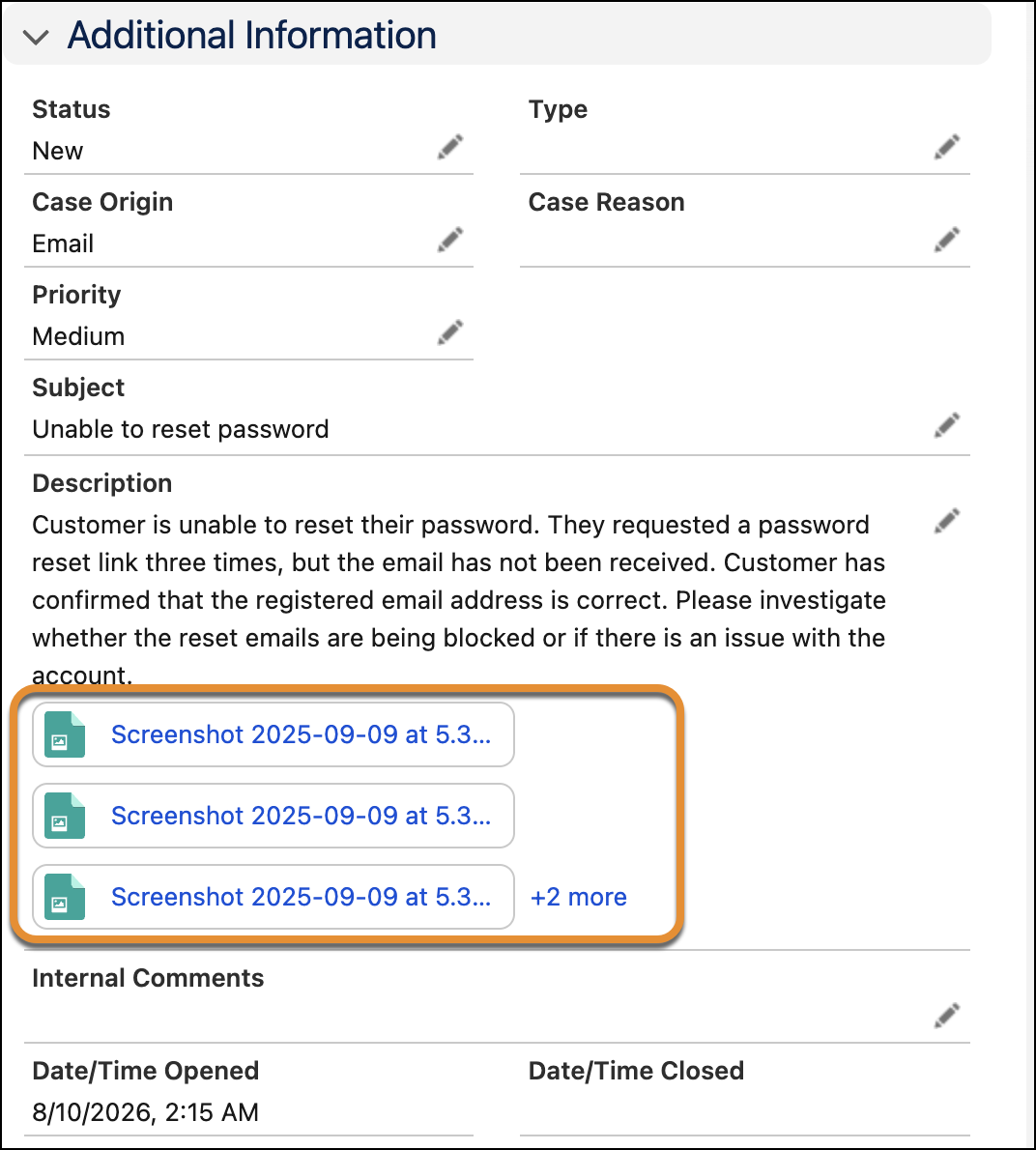 Original attachments inline in the Case Description field