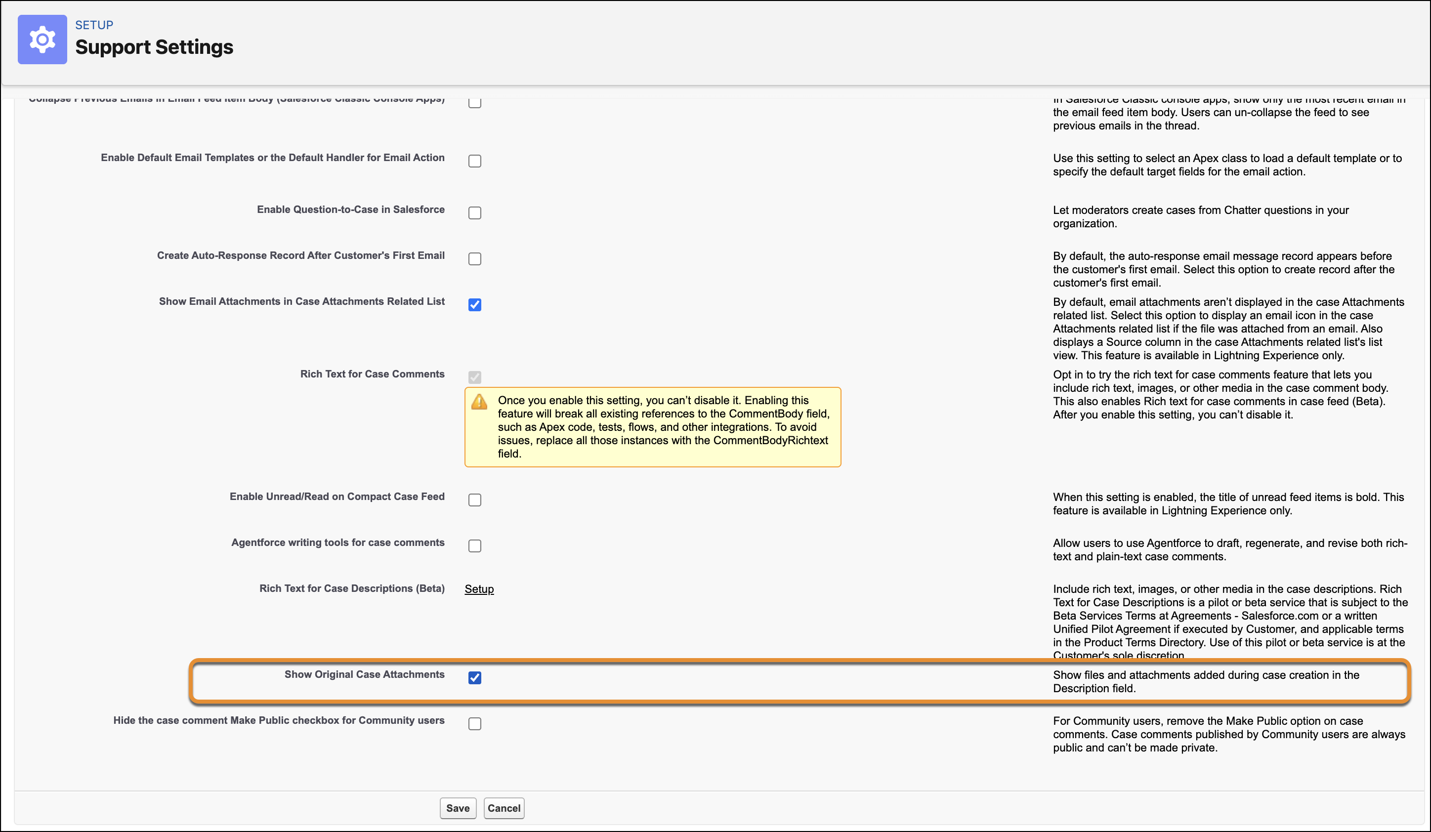 Enable Show Original Case Attachments in Support Settings