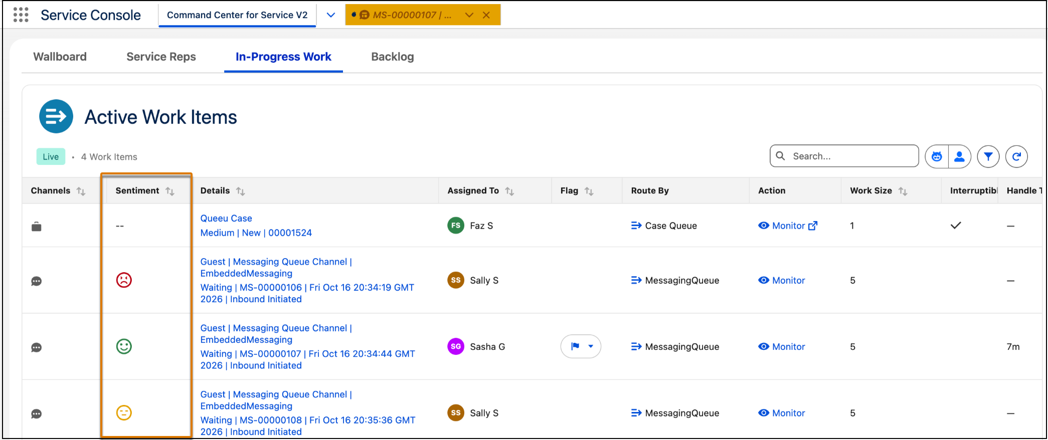 Sentiment column in the In-Progress Work tab of Command Center for Service V2