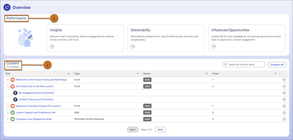 The campaign overview showing the Performance and Content sections of the overview