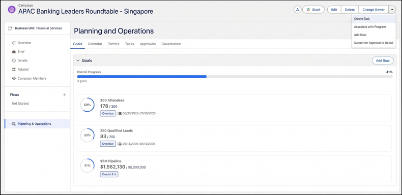 Planning and Operations area in a campaign showing program connection and work tracking.
