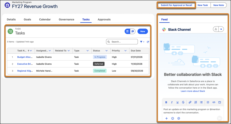 Collaboration options including tasks, approvals, and Slack integration in a marketing program.