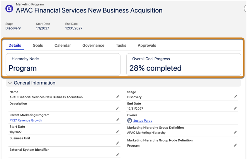 Program details showing organizational hierarchy and goal progress across planning levels.