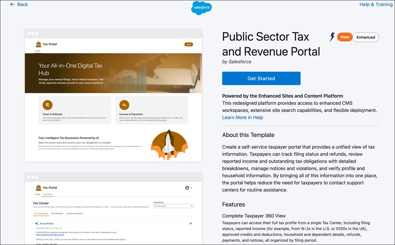 Public sector tax and revenue portal template start page.