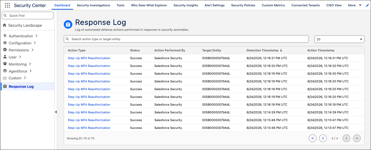 Security Center response log showing 10 success responses for the Step-Up MFA Reauthorization action.