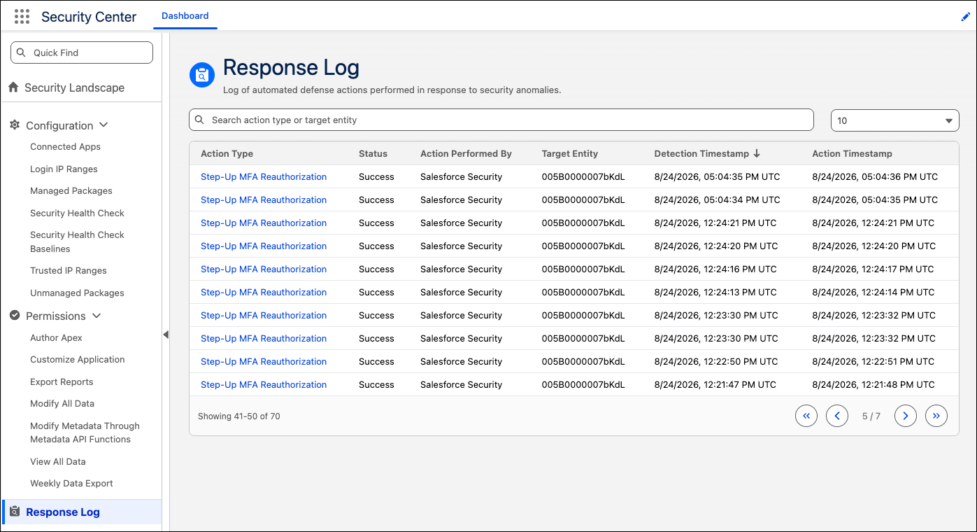 Security Center Essentials response log showing 10 success responses for the Step-Up MFA Reauthorization action.