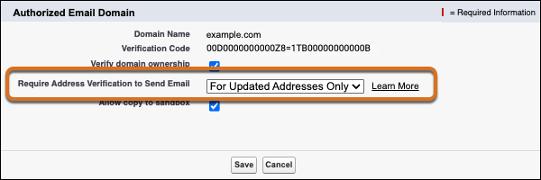 The Require Address Verification to Send Email field on an Authorized Email Domain.