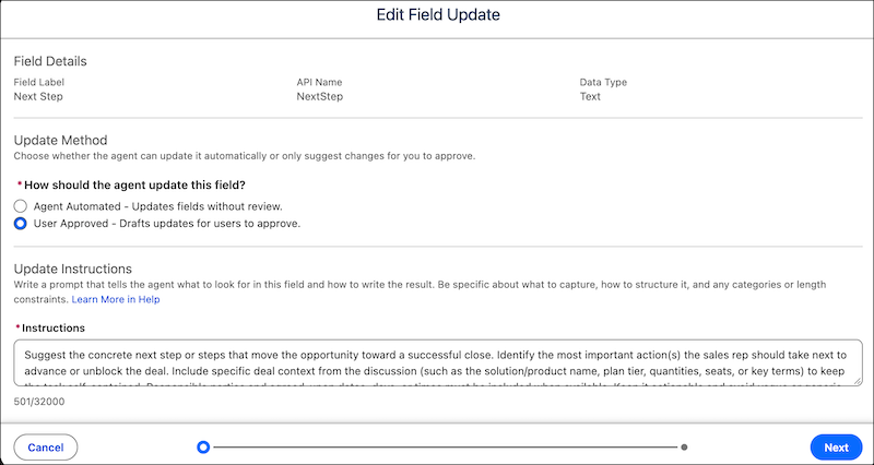 The guided setup for configuring a field update