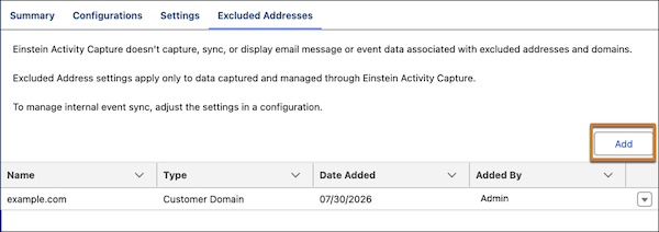 Add or manage excluded domains from the Einstein Activity Capture Excluded Addresses tab in Settings.