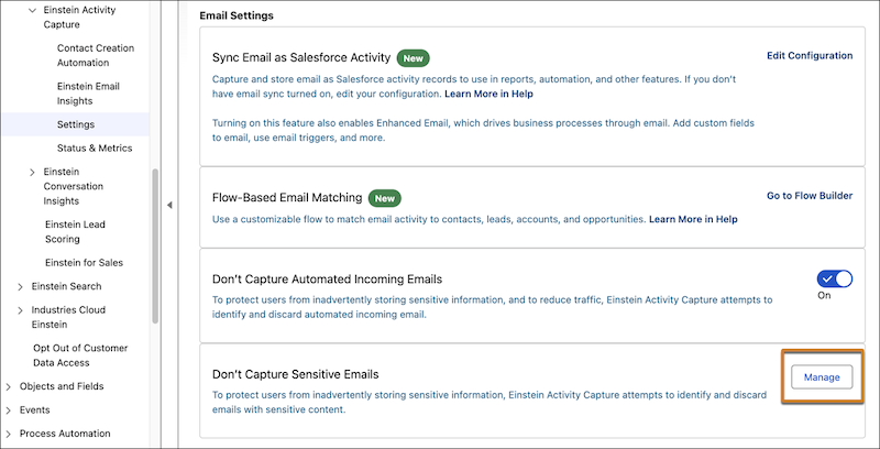Click Manage in the Don’t Capture Sensitive Emails setting to add keyword exclusions and turn on the advanced detection for sensitive content.