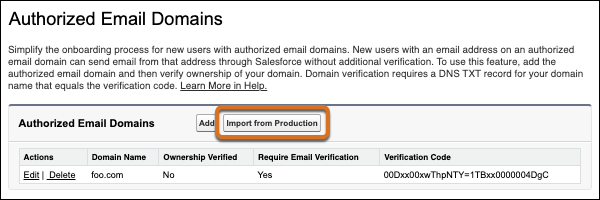 Import from Production button