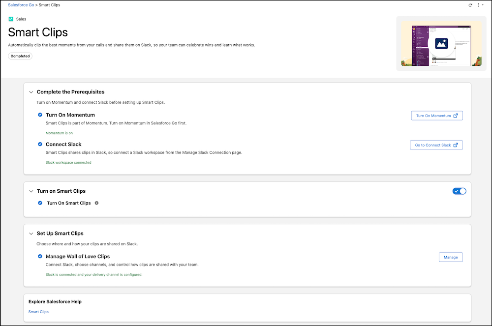 Smart clips setup page on Salesforce Go.