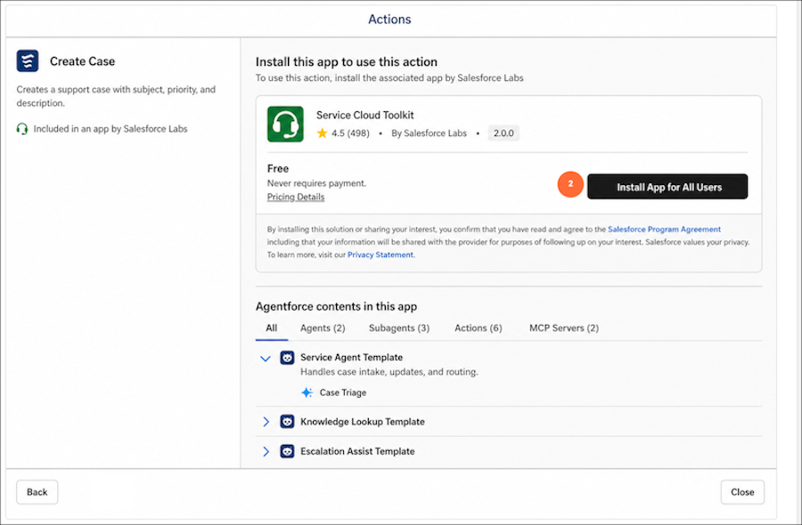 Install dialog for an action's associated app, with the Install App for All Users button called out as step 2