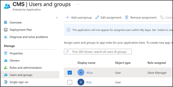 The users and groups section of the CMS with the Store Manage role assigned.