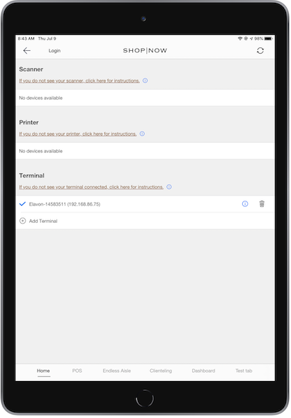 The Elavon terminal added and showing in the Terminal section of the POS app app.rt_cms_