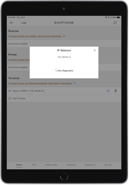 The Run Diagnostics option for the IP Address of the terminal that you connected to the POS app.