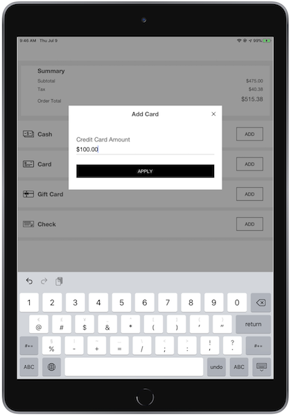 Adding a credit card payment amounf in the Add Card window on the POS app app.