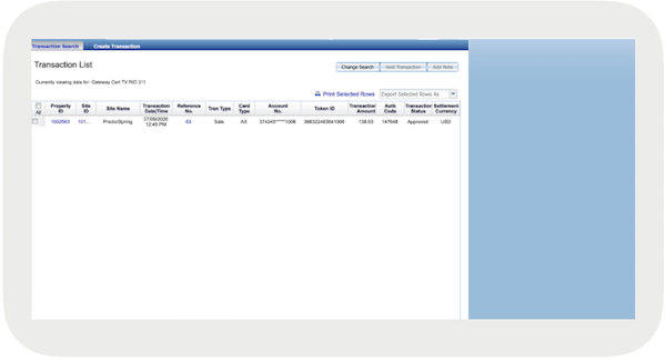 The Transaction Search Option in the Transaction List section of the Elavon Global Gateway
