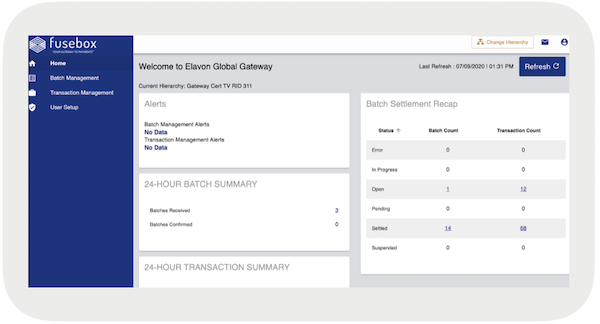THe Elavon Global Gateway shoing a list of transactions in the past 24 hours.